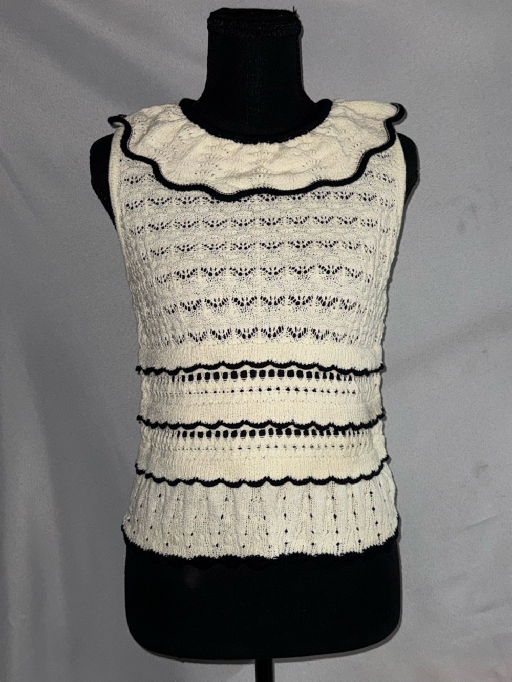 Elie Tahari Cream Knit Ruffle Tank with Black Trim